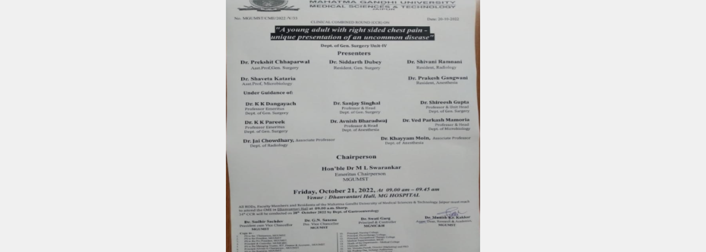 Dr Shaveta Kataria presented a lecture in CCR organized by Surgery department.
