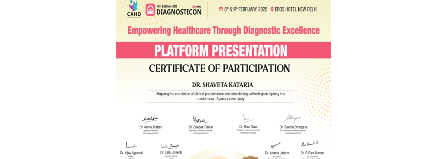 Dr. Rachit Bhandari, Postgraduate student, under guidance of Dr Shaveta Kataria presented paper in conference being organized by CAHO diagnostics on Leprosy.