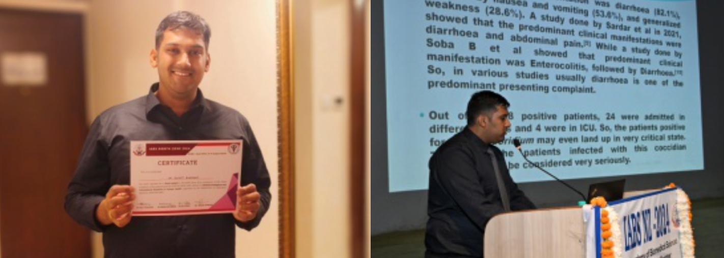 Dr. Rachit Bhandari, Postgraduate student, under guidance of Dr Shaveta Kataria presented paper in a research on Cryptosporidium spp. isolated in stool samples in immunocompromised patients Oral Presentation, 2024 and received Travellers’ award at AIIMS conference.